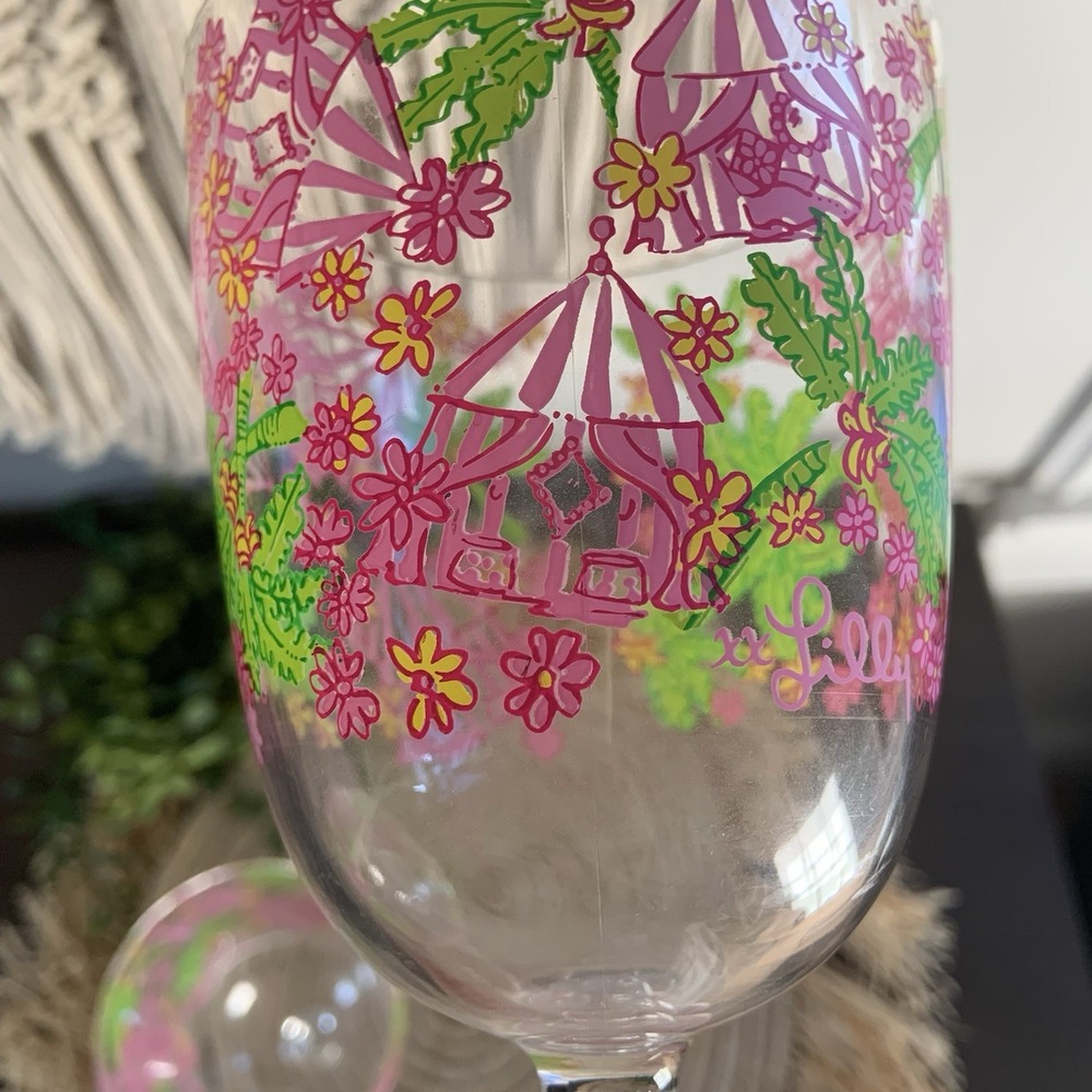 LILLY PULITZER Cabanarama Acrylic Bubble Stem Wine Glasses Set Of 2 Pink Green - Picture 6 of 10